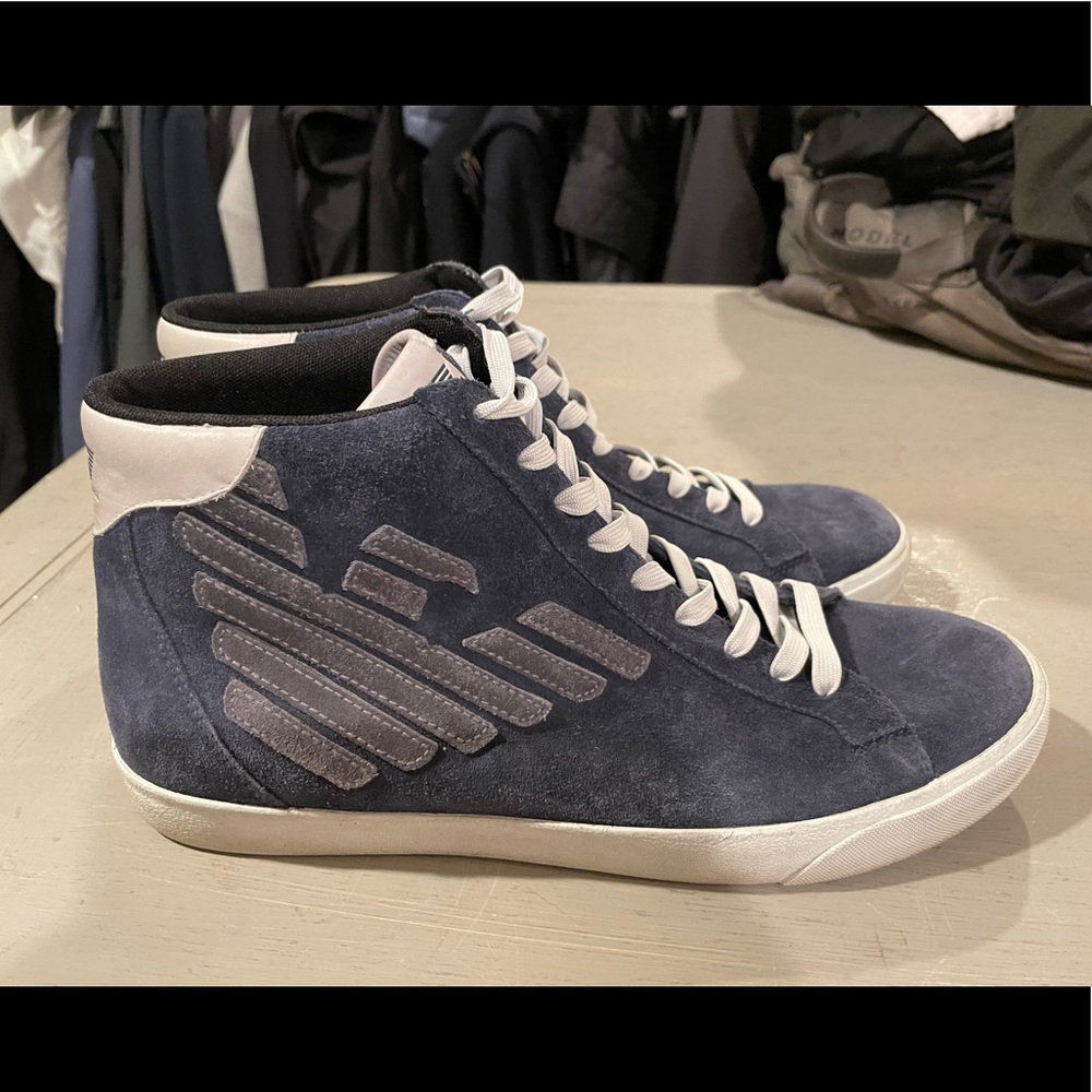 Emporio Armani Men’s High Top Navy Blue Suede Sneakers, Size 11